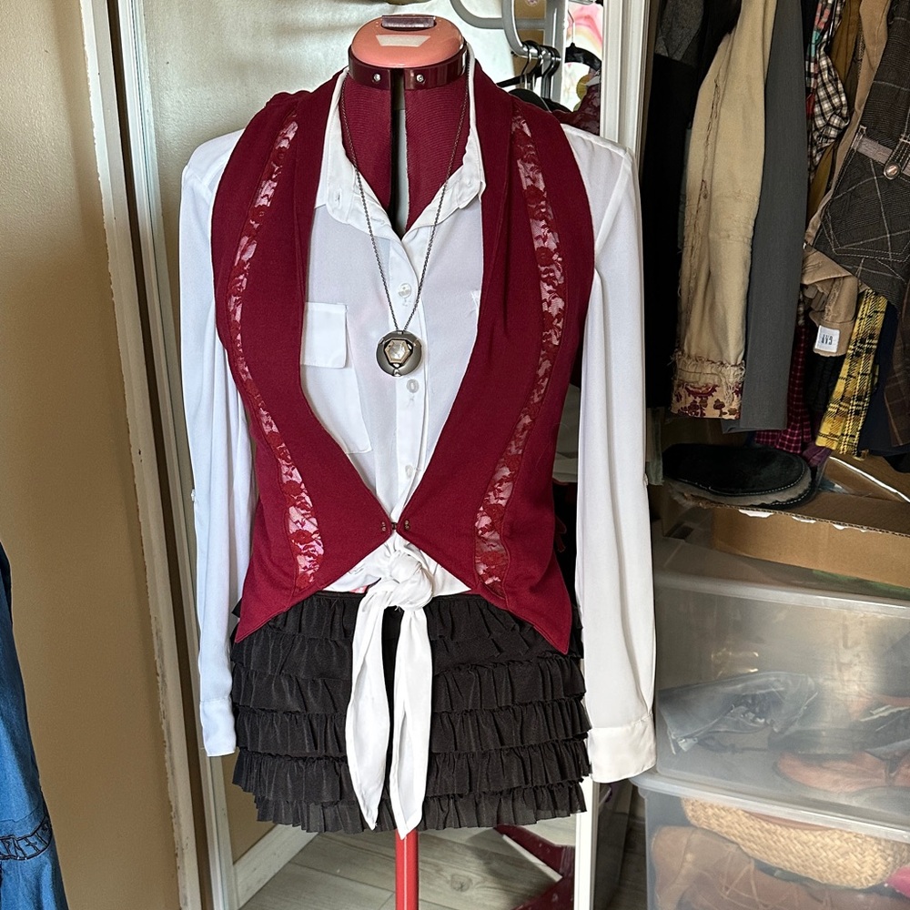 Burgundy Lace-Panel Vest